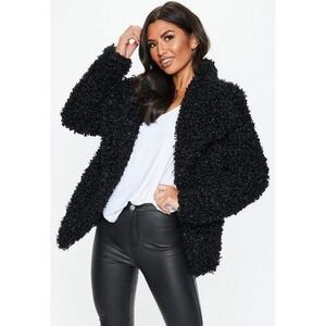 NWT Missguided Black Faux Fur Shaggy Waterfall Jacket Coat Size 10 Luxurious New